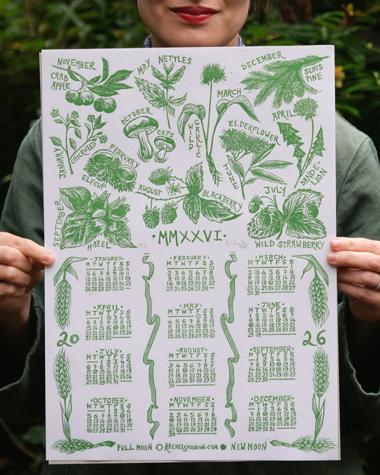 The Foraging Year - 2026 A3 Linocut Calendar and Poster - Limited Edition