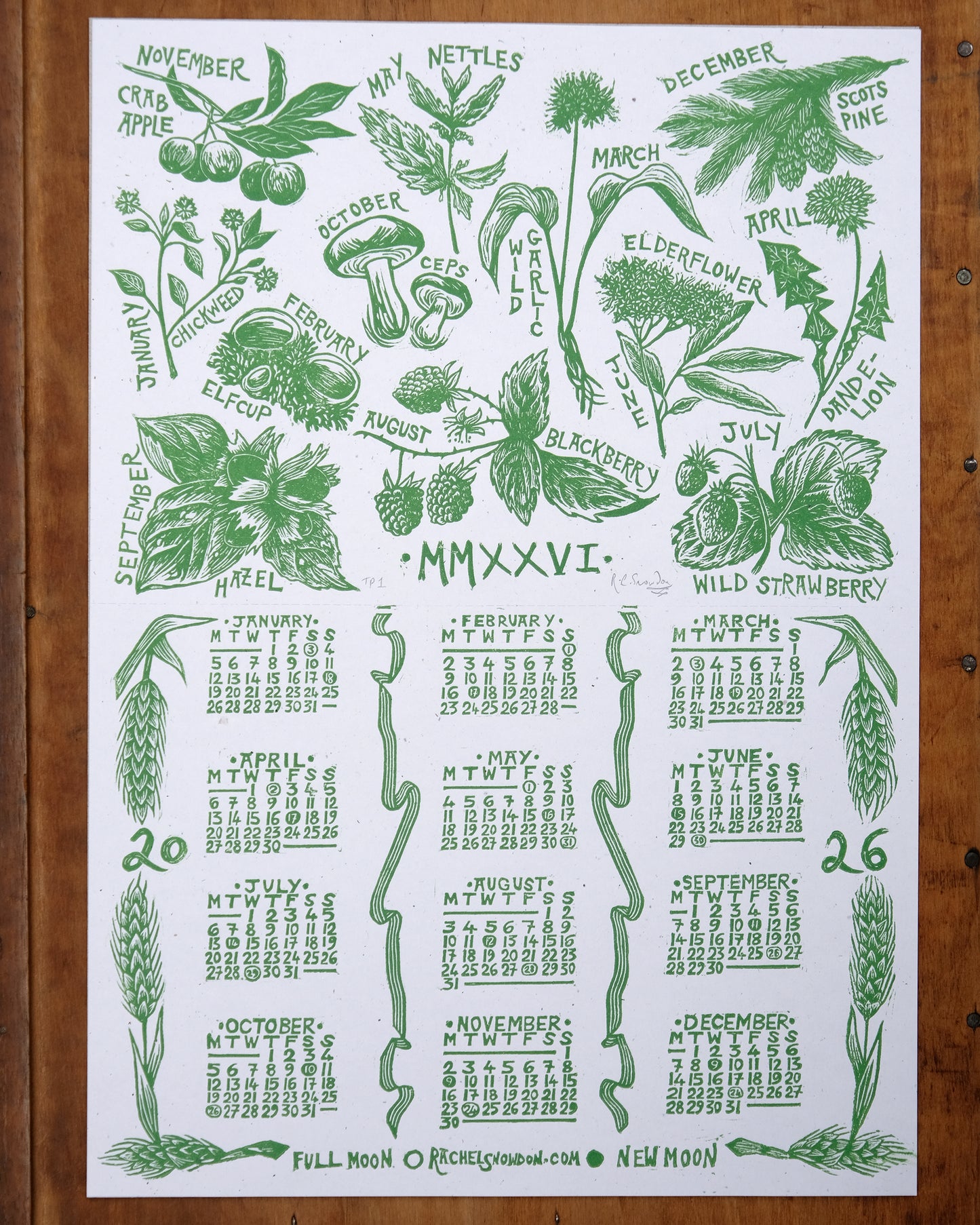 The Foraging Year - 2026 A3 Linocut Calendar and Poster - Limited Edition