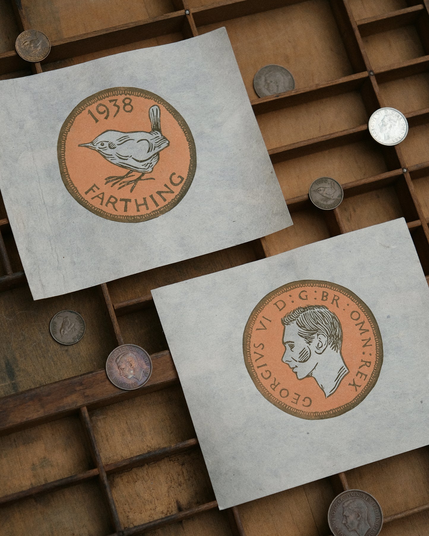 Lucky Farthing Coin, 'Tails' - Limited Edition Antique Style Lino Print