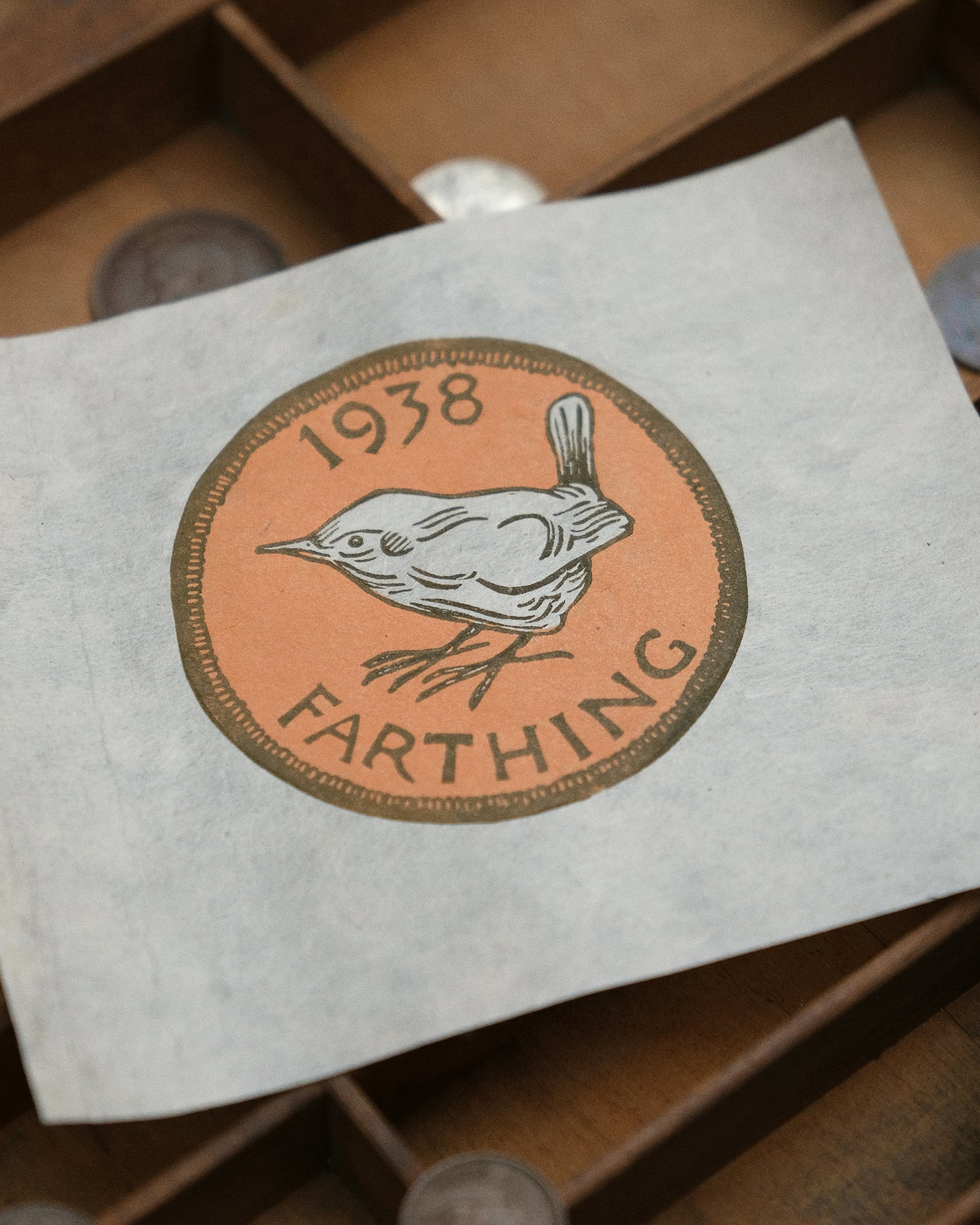 Lucky Farthing Coin, 'Tails' - Limited Edition Antique Style Lino Print