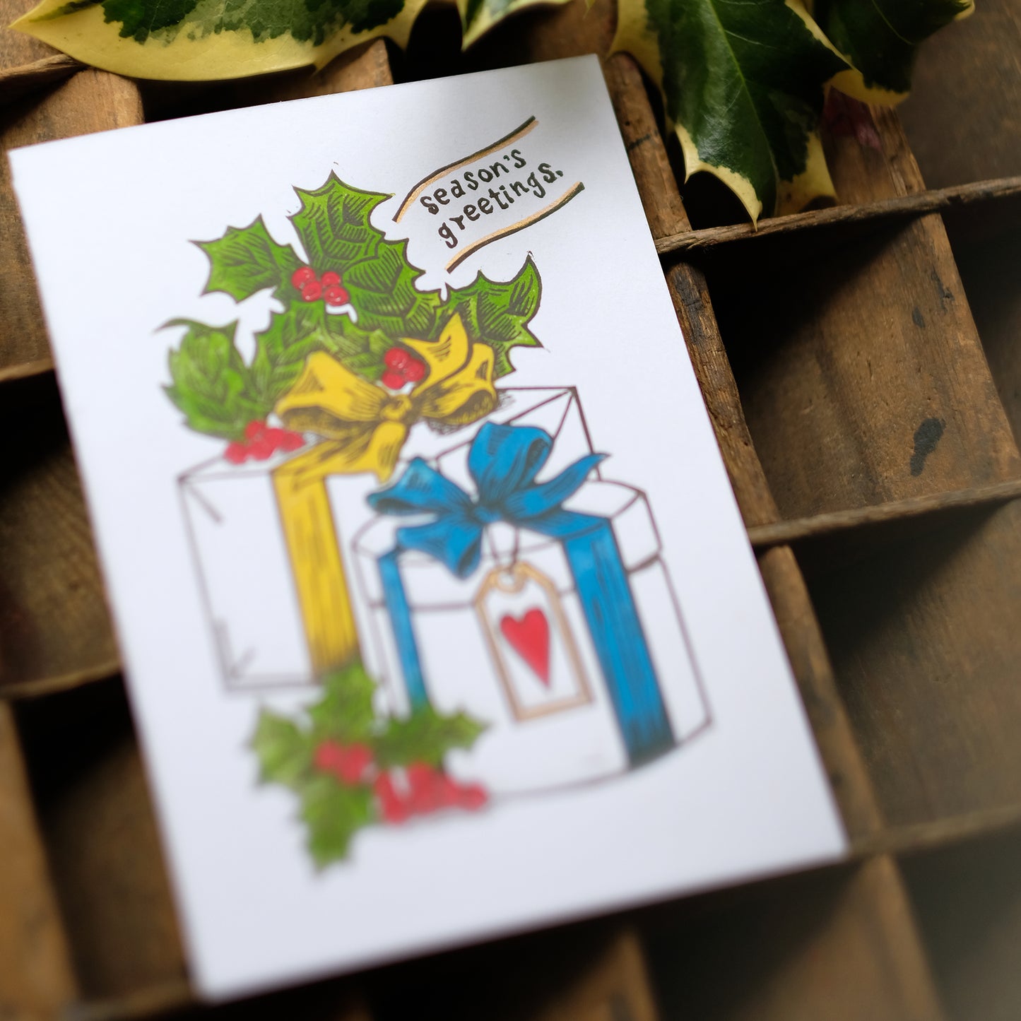 Hand-printed Luxury Christmas Greetings Cards - Tree and Present