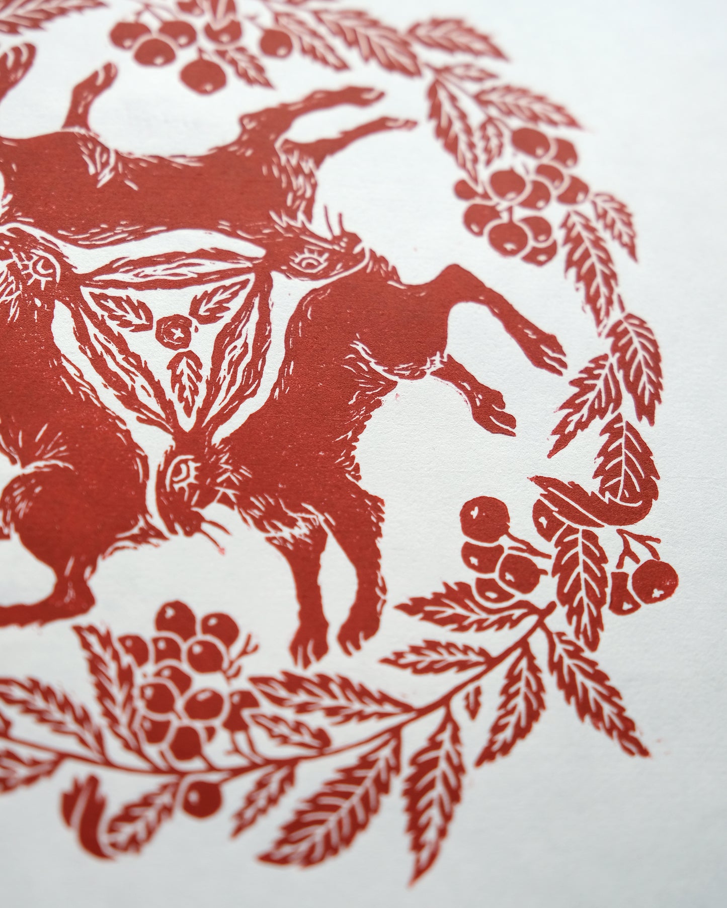 Tinners' Hares and Rowan in Red - Lino Print