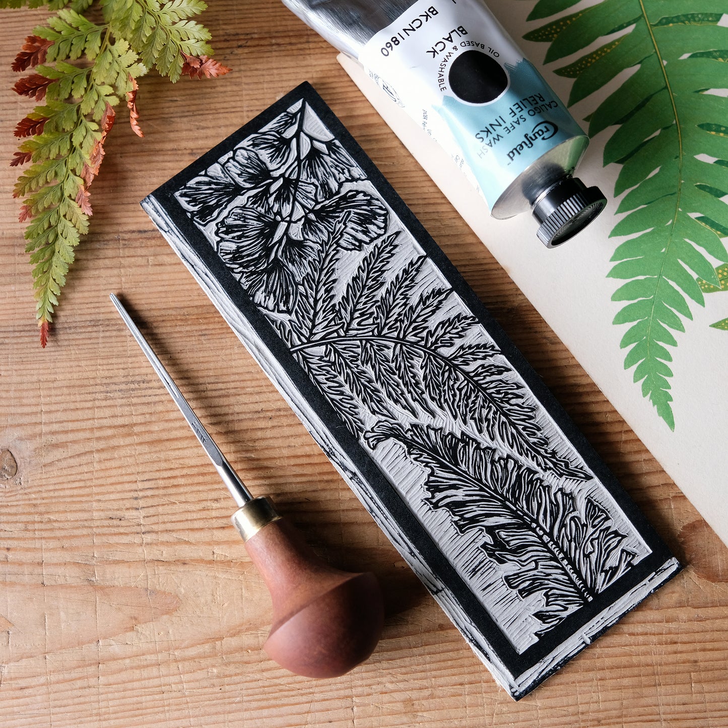 Fern Fever - Lino Printed Bookmark