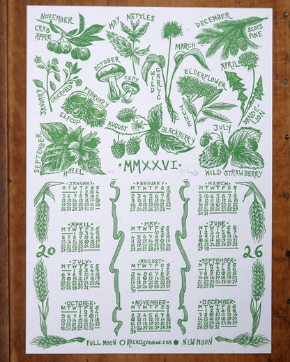 The Foraging Year - 2026 A3 Linocut Calendar and Poster - Limited Edition