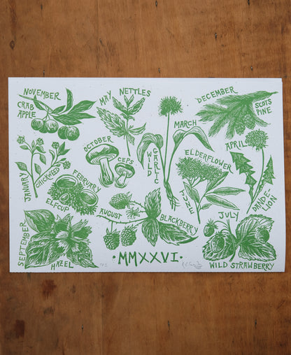 The Foraging Year - 2026 A3 Linocut Calendar and Poster - Limited Edition