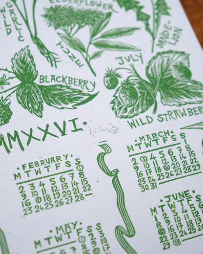 The Foraging Year - 2026 A3 Linocut Calendar and Poster - Limited Edition