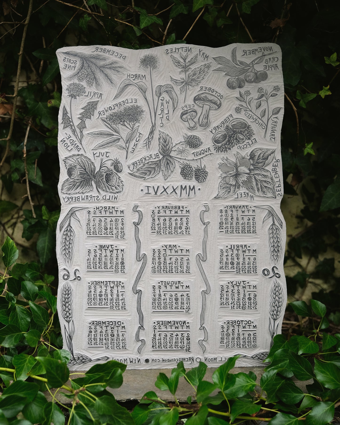 The Foraging Year - 2026 A3 Linocut Calendar and Poster - Limited Edition