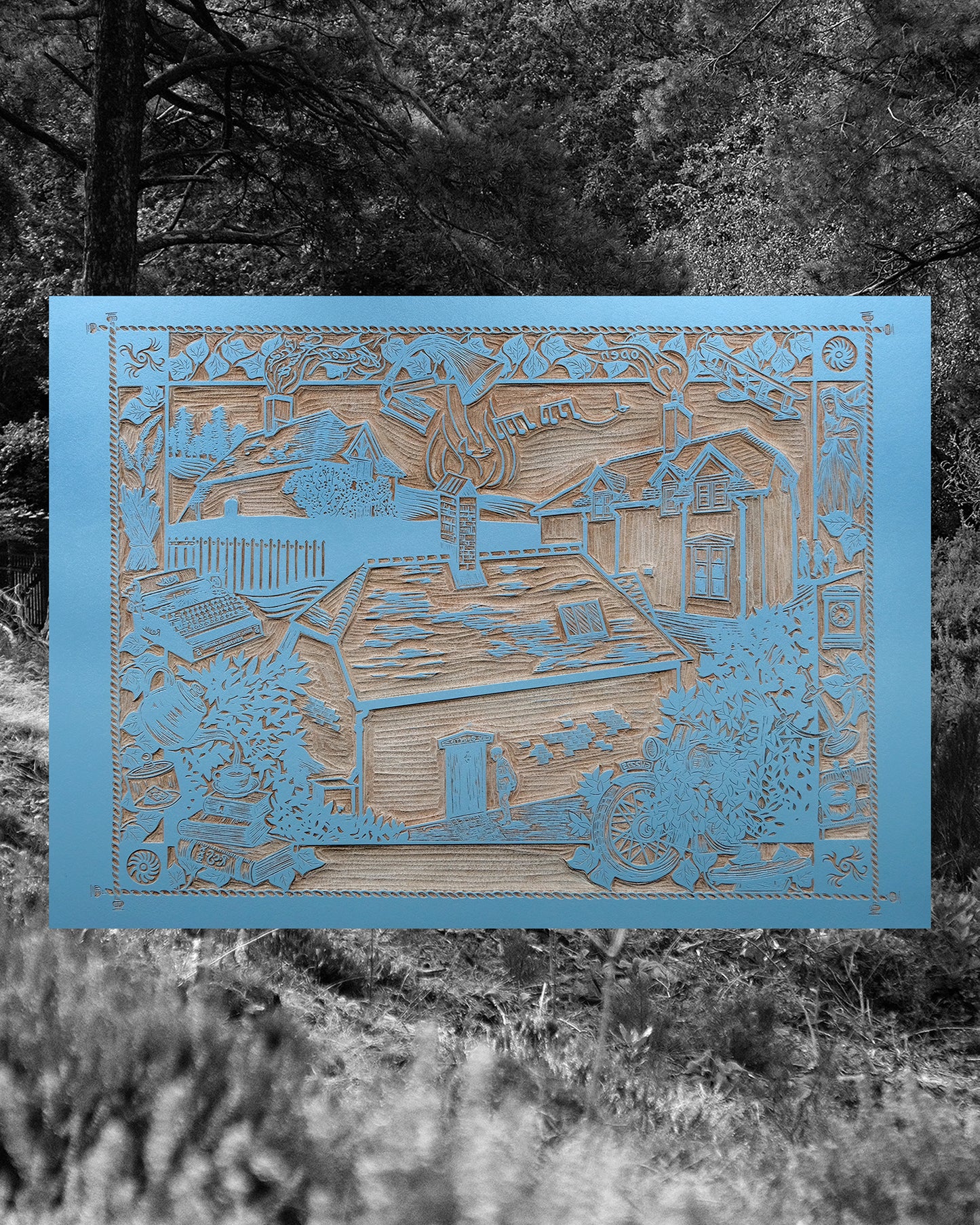 Clouds Hill Now, Then, and Before - T.E. Lawrence's Cottage Lino Print