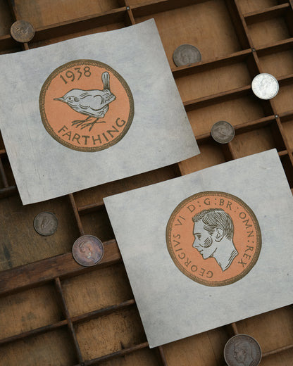 Lucky Farthing Coin, 'Tails' - Limited Edition Antique Style Lino Print
