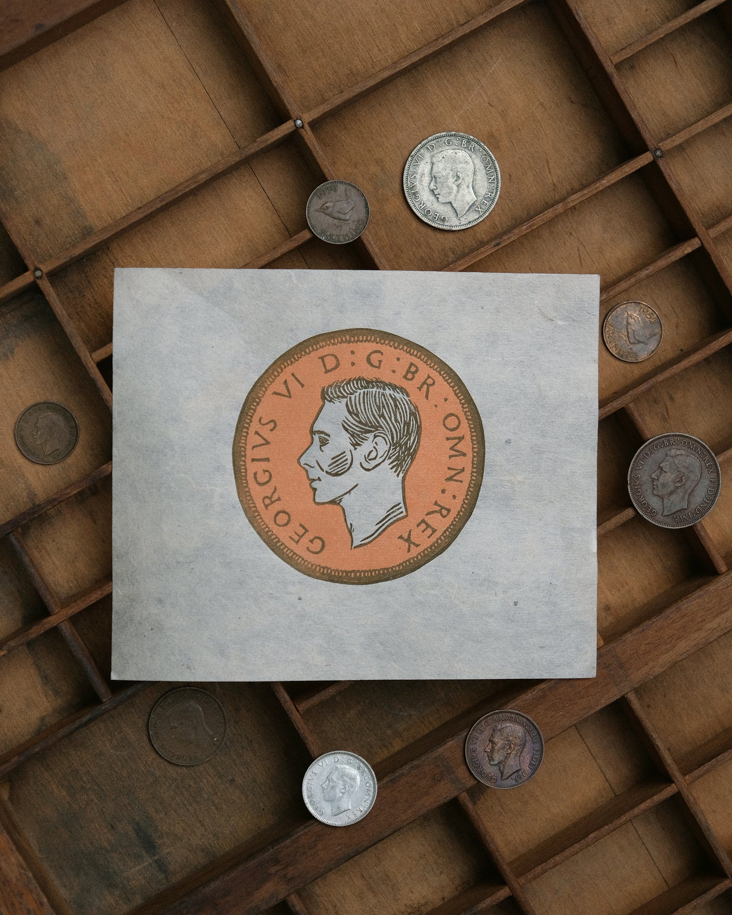 Lucky Farthing Coin, 'Heads' - Limited Edition Antique Style Lino Print