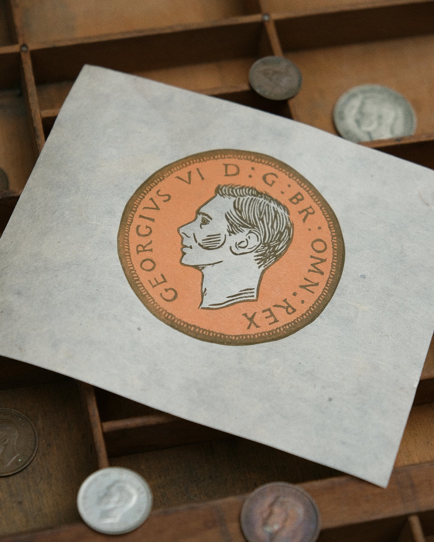 Lucky Farthing Coin, 'Heads' - Limited Edition Antique Style Lino Print