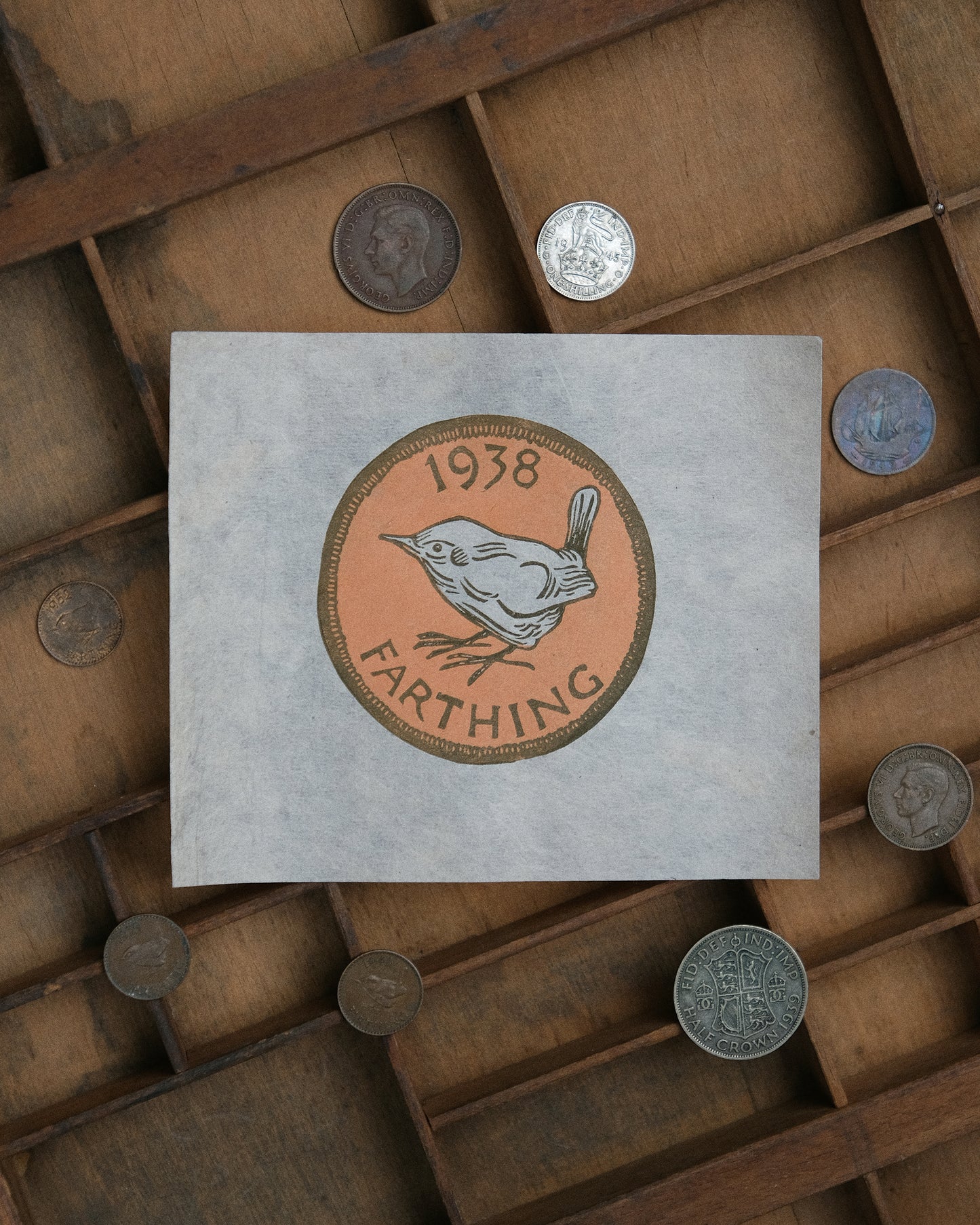 Lucky Farthing Coin, 'Tails' - Limited Edition Antique Style Lino Print