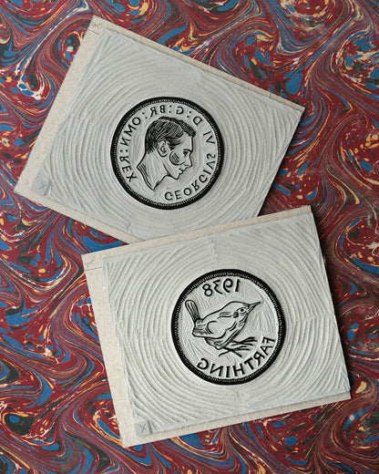 Lucky Farthing Coin, 'Tails' - Limited Edition Antique Style Lino Print
