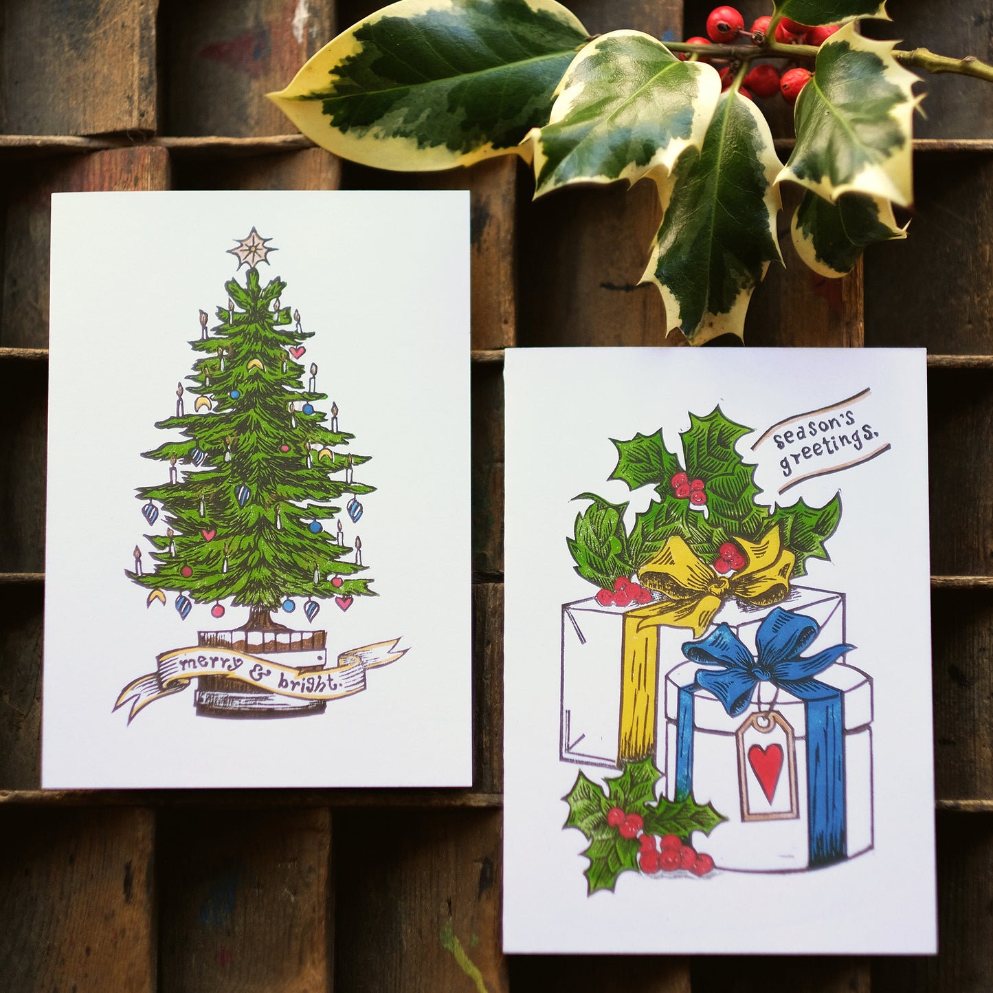 Hand-printed Luxury Christmas Greetings Cards - Tree and Present