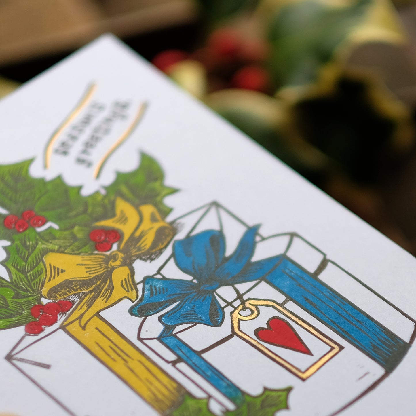 Hand-printed Luxury Christmas Greetings Cards - Tree and Present