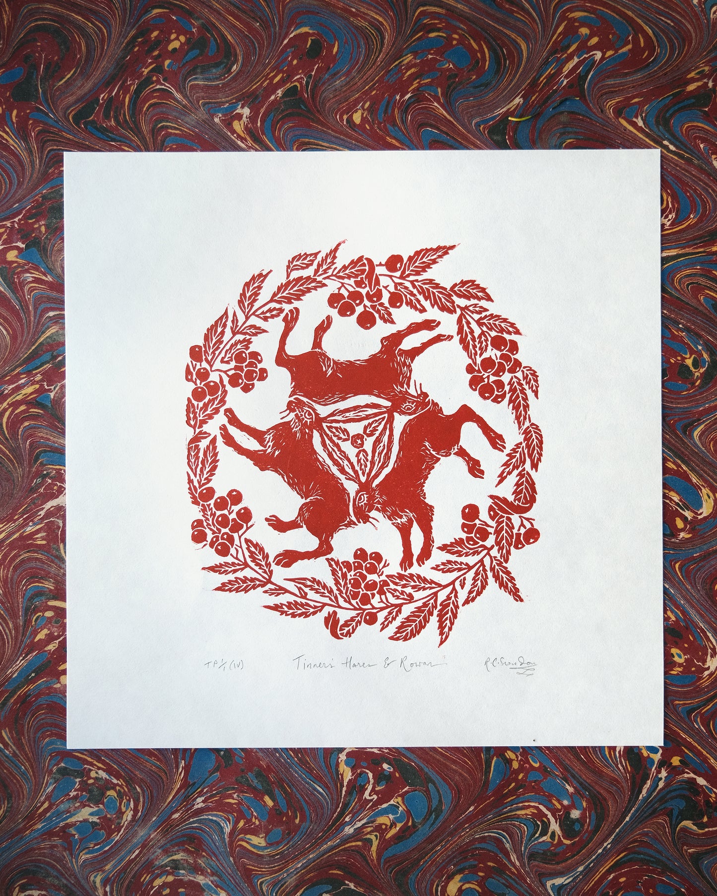 Tinners' Hares and Rowan in Red - Lino Print