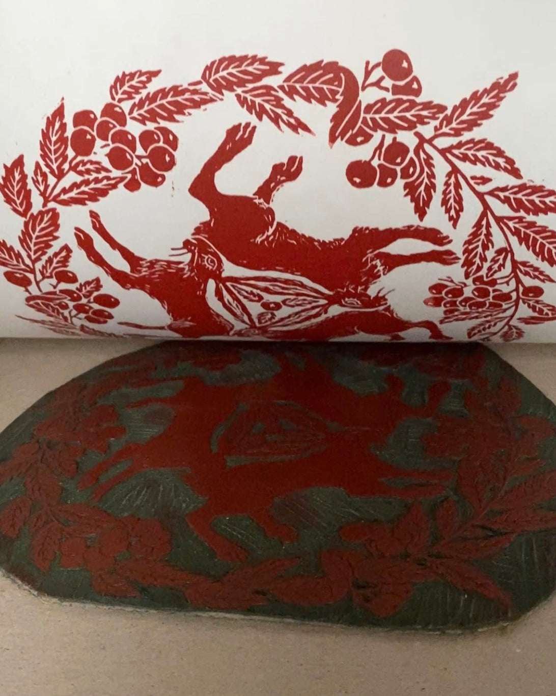 Tinners' Hares and Rowan in Red - Lino Print