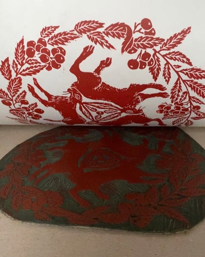 Tinners' Hares and Rowan in Red - Lino Print