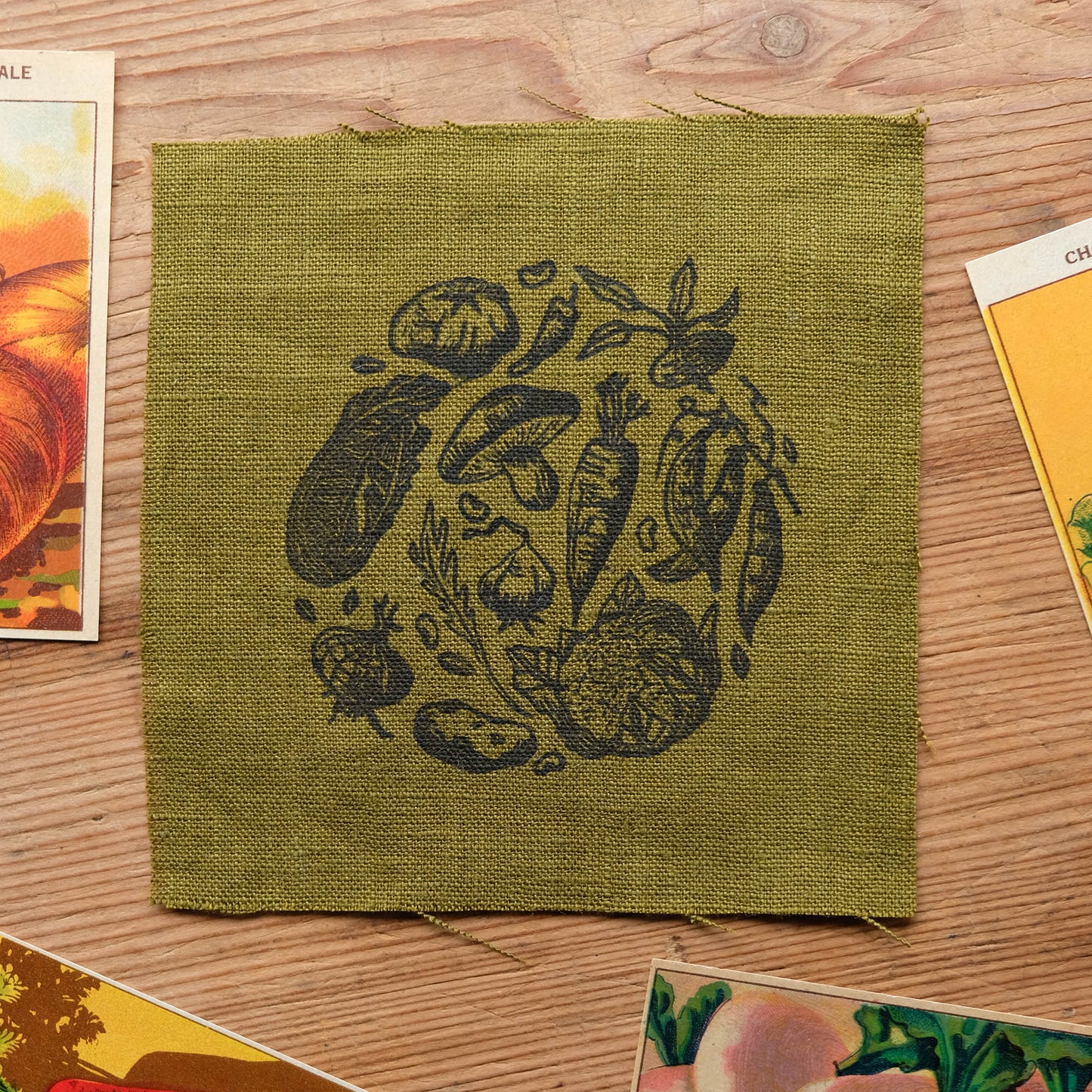Vegetable Patch - Lino Printed Linen Fabric Patch – Rachel Snowdon Studio