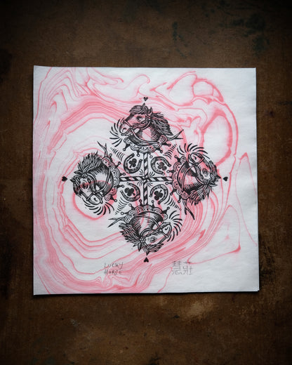 Lucky Horse - Lino Print on Marbled Paper, Chinese Lunar New Year