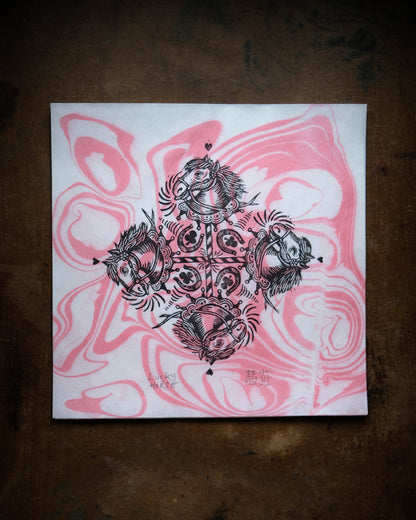 Lucky Horse - Lino Print on Marbled Paper, Chinese Lunar New Year