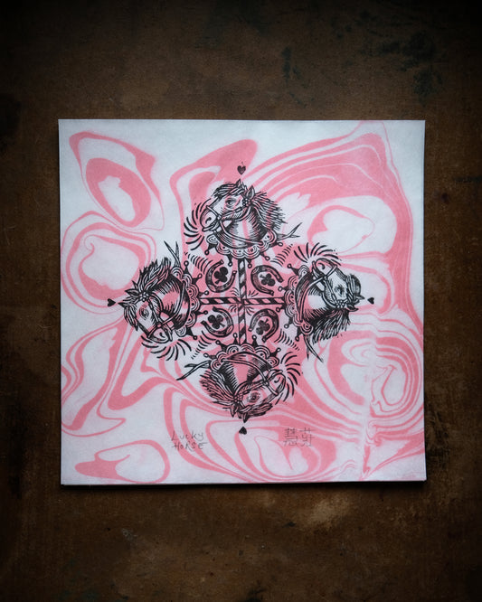 Lucky Horse - Lino Print on Marbled Paper, Chinese Lunar New Year