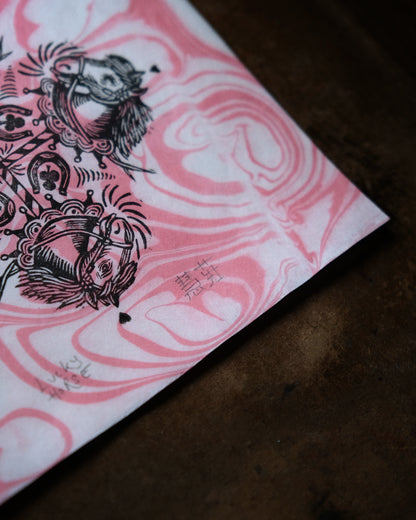 Lucky Horse - Lino Print on Marbled Paper, Chinese Lunar New Year