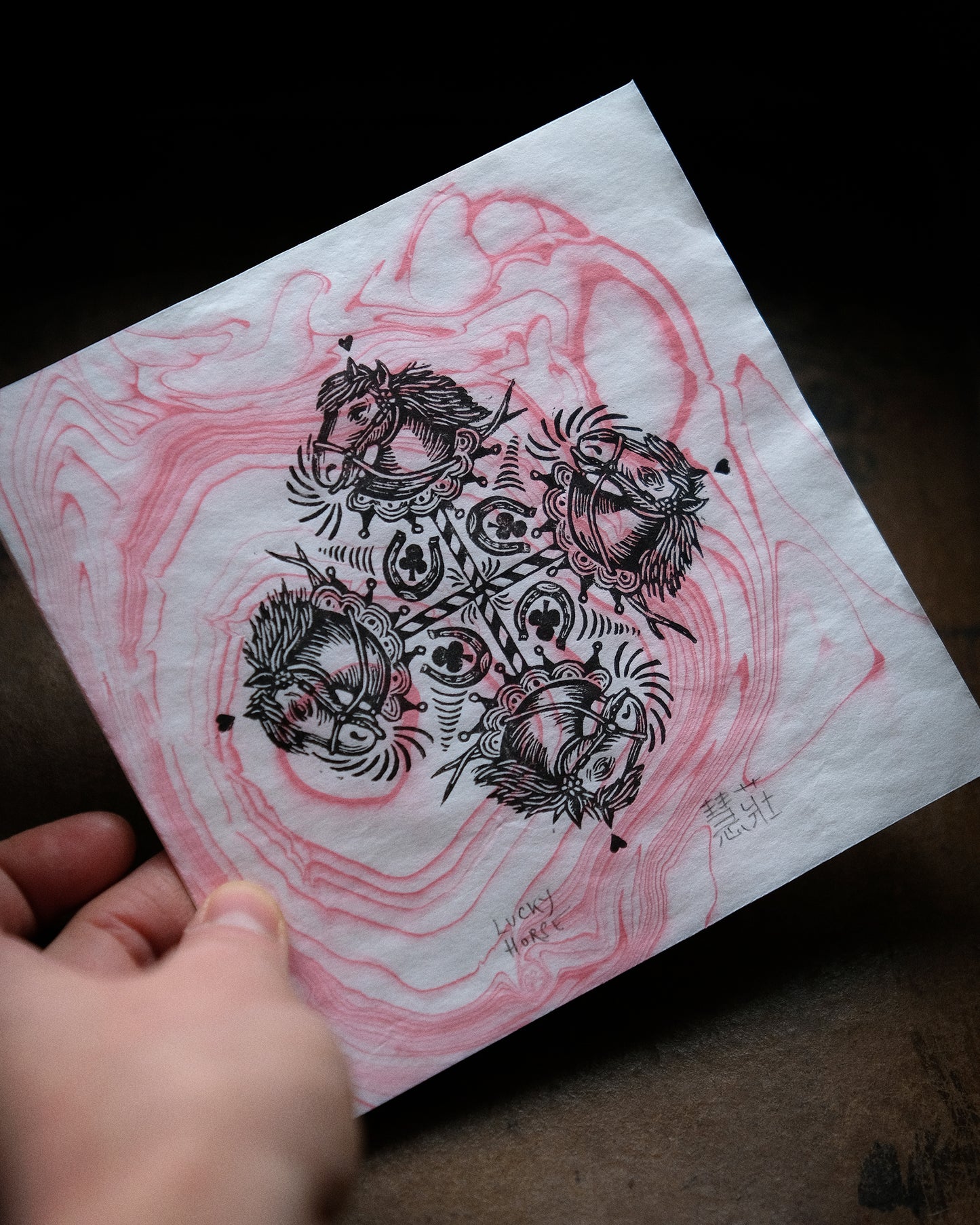 Lucky Horse - Lino Print on Marbled Paper, Chinese Lunar New Year