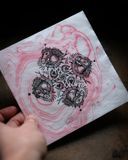 Lucky Horse - Lino Print on Marbled Paper, Chinese Lunar New Year