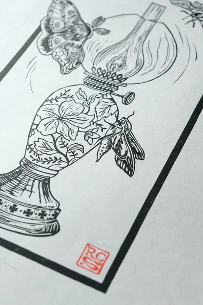 Drawn To The Flames - Lino Print