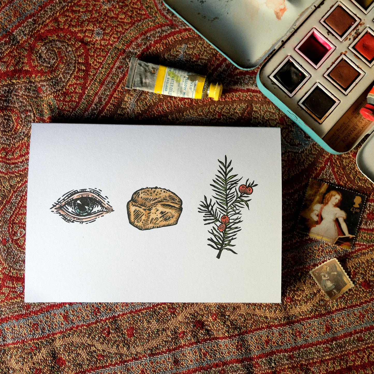 Eye Loaf Yew / I Love You - Hand Painted, Hand Printed Greetings Card (Colour)