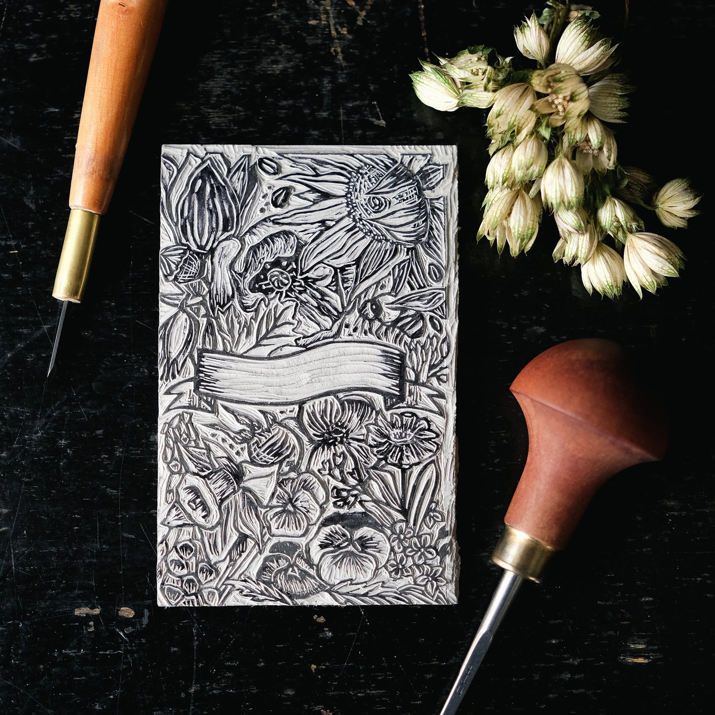 In Bloom - 6 x Lino Printed Floral Seed Savers or Gift Pouches