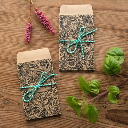 In Bloom - 6 x Lino Printed Floral Seed Savers or Gift Pouches
